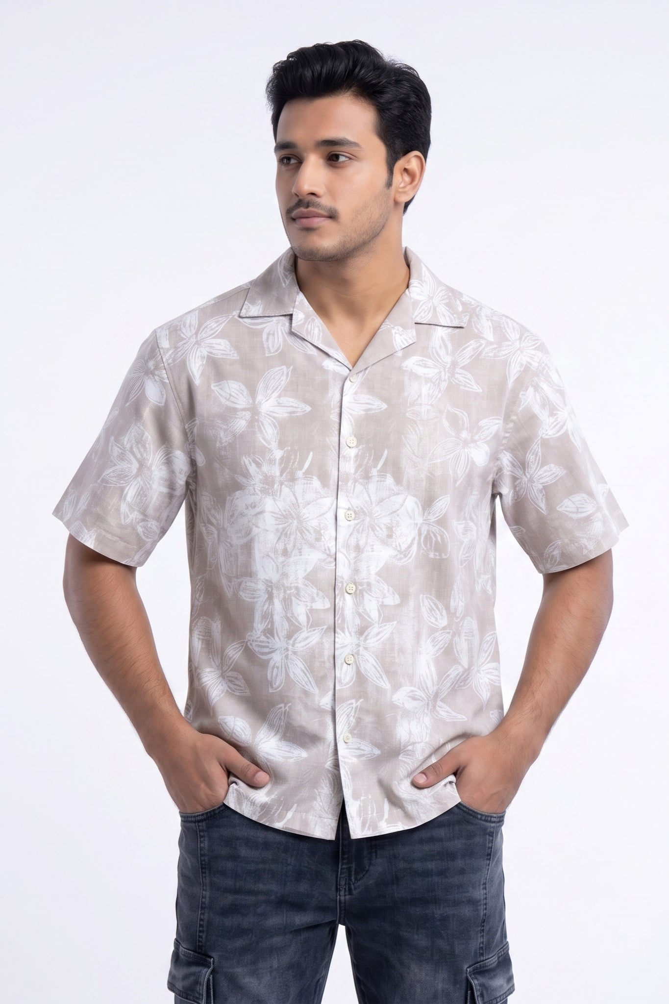 BEIGE FLORAL STATIC DRIP SHIRT